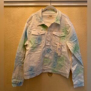 KDNK Men's Tie-Dye Denim Jacket White Blue Green, Large, MSRP $100